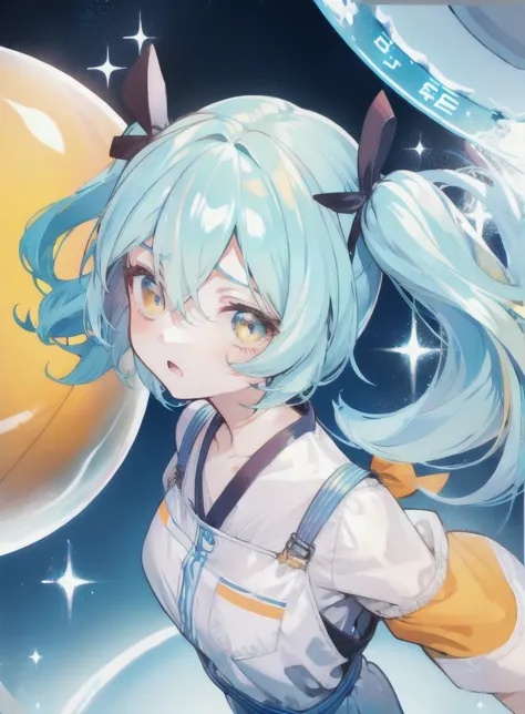 masterpiece,best quality,1girl,twintails,blue hair,yellow eyes,blush,hair ribbon,open mouth,medium hair,light blue hair,orange eyes,bangs,two side up,<lora:LRL-006-000008:0.8>,(factory background:1.2),(short jumpsuit :1.2),(Pretending to be stuck in a large bubble :1),(envious face),