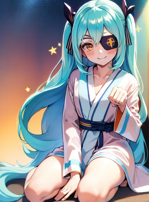 masterpiece,best quality,1girl,twintails,blue hair,yellow eyes,blush,hair ribbon,medium hair,light blue hair,orange eyes,bangs,two side up,<lora:LRL-006-000008:0.8>,(summer background:1.2),(open robe :1.2),(Kneeling, hands folded in lap :1),(smile face),Eyepatch,