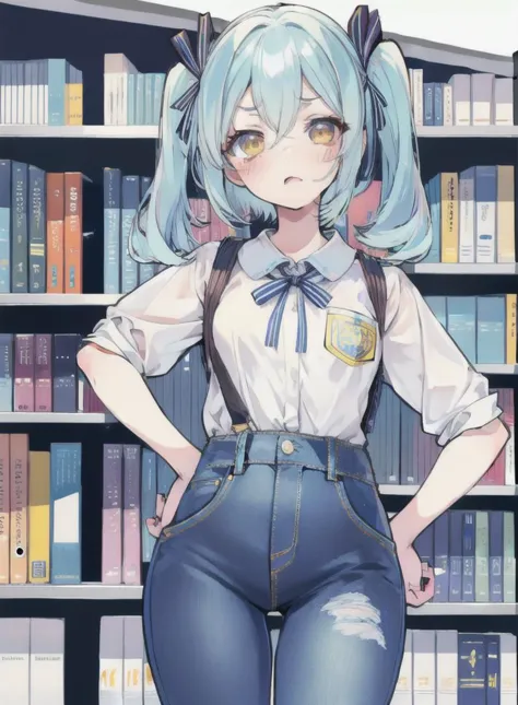 anime girl with blue hair and suspenders standing in front of a book shelf