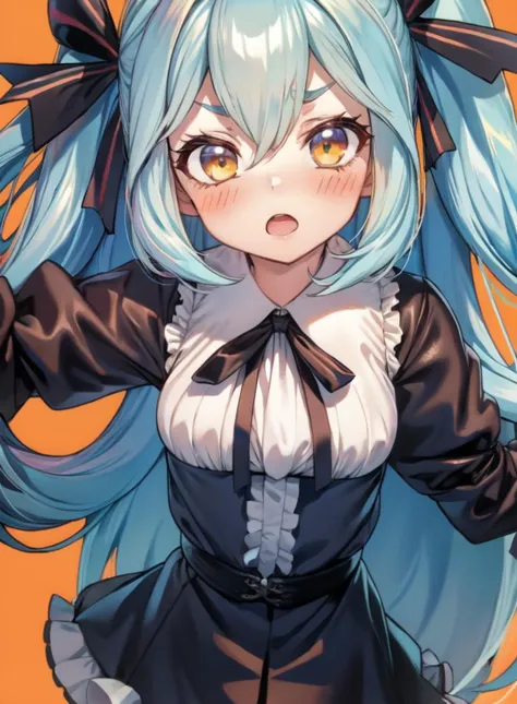 masterpiece,best quality,1girl,twintails,blue hair,yellow eyes,blush,hair ribbon,open mouth,medium hair,light blue hair,orange eyes,bangs,two side up,<lora:LRL-006-000008:0.8>,(gothic background:1.2),(blouse :1.2),(Pretending to be in a surfing pose :1), (loving face)