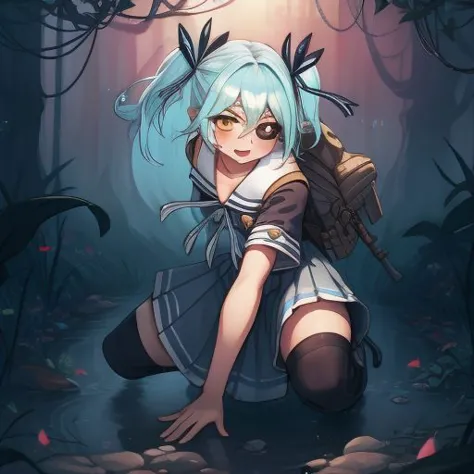 a girl with blue hair and a backpack is kneeling in the woods