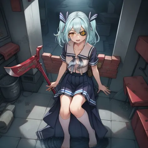 anime girl sitting on a bench with a red axe in her hand