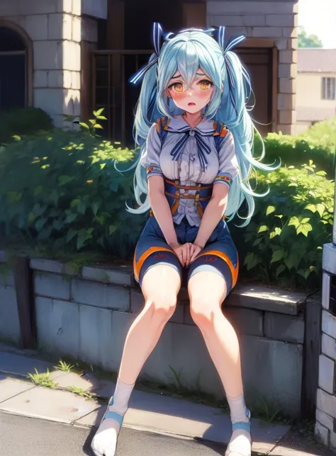 masterpiece,best quality,1girl,twintails,blue hair,yellow eyes,blush,hair ribbon,open mouth,medium hair,light blue hair,orange eyes,bangs,two side up,<lora:LRL-006-000008:0.8>,(medieval village background:1.2),(bike shorts :1.2),(Lying on the side with knees bent :1),(embarrassed face),<lora:2more_details:0.5>,