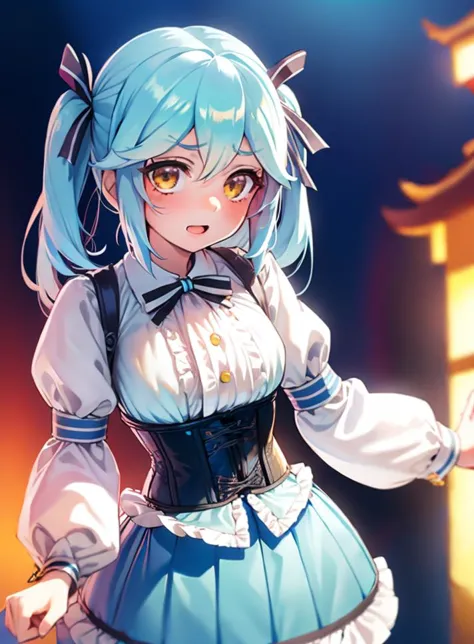 masterpiece,best quality,1girl,twintails,blue hair,yellow eyes,blush,hair ribbon,open mouth,medium hair,light blue hair,orange eyes,bangs,two side up,<lora:LRL-006-000008:0.8>,(pagoda background:1.2),(corset :1.2),(Pretending to hug a teddy bear :1),(proud face),