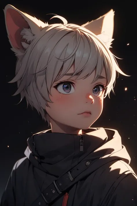 little boy, <lora:No_Human_Ears__Kemonomimi:1> animal_ears, (close up:0.6), cinematic, atmospheric, dust particles, chiaroscuro