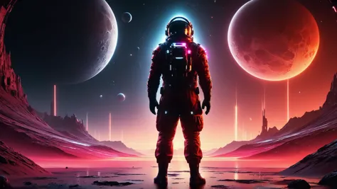 a man in a space suit standing in front of a planet