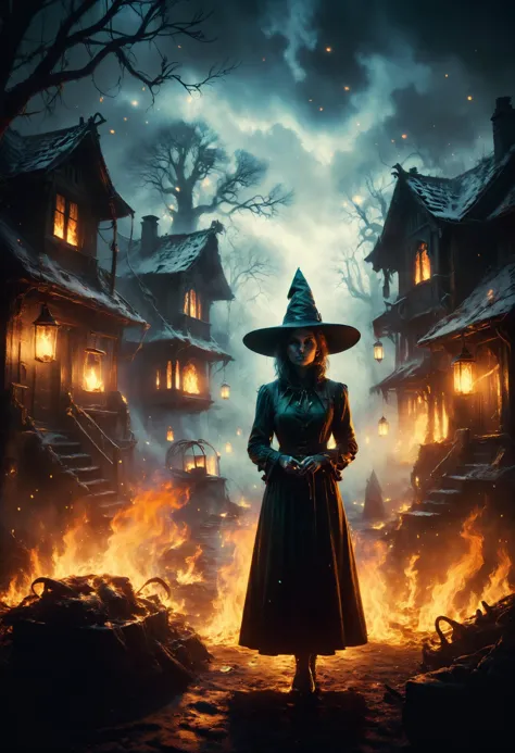 a woman in a witch costume standing in front of a fire