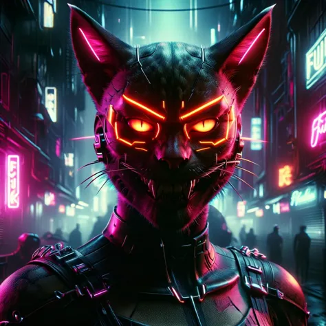 a close up of a cat with glowing eyes and a neon costume