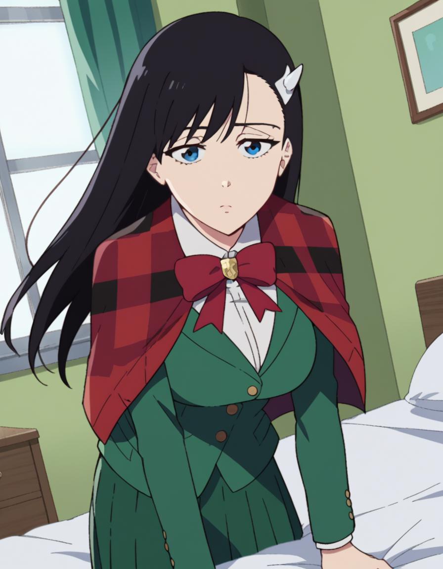 Anime girl in green dress with red cape and bow tie - SeaArt AI