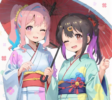 upper body, simple background, multicolored hair, black hair, smile, sash, looking at viewer, hair ribbon, obi, wide sleeves, bangs, kimono, scrunchie, hair ornament, flower, closed mouth, umbrella, pink hair, hand up, one eye closed, sidelocks, oil-paper umbrella, holding umbrella, ponytail, haori, blue kimono, floral print, open mouth, red ribbon, ribbon, hairclip, brown eyes, pink eyes, looking at another
 