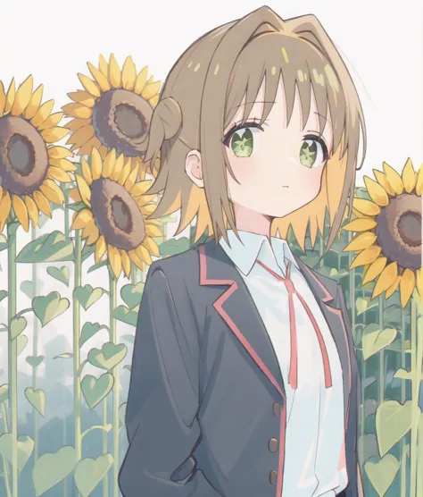 white shirt, red ribbon, OkaAsahi; 1girl,  white background, simple background,sunflower, school uniform, jacket,  looking at le...