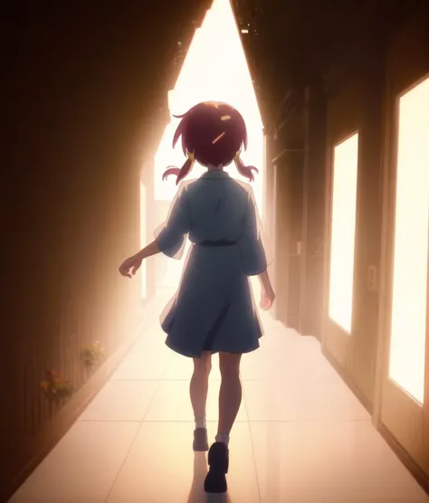 MurosakiMiyo;  intricate details,  flowers, full body, walking, facing front, looking at viewer,  backlighting, cinematic angle, walking, low twintails
