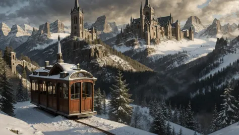 arafed train going down a snowy mountain with a castle in the background