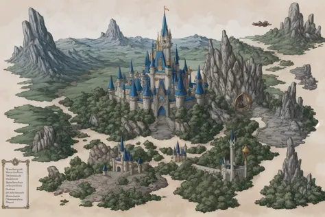 a close up of a castle surrounded by trees and mountains