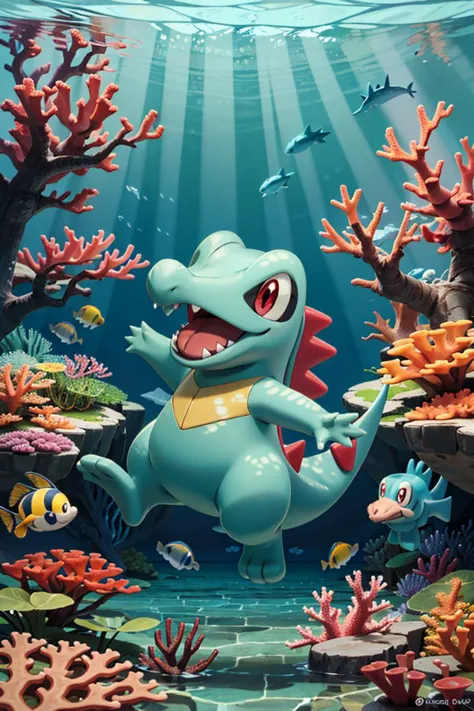 ((masterpiece,best quality)), absurdres, <lora:Totodile_Pokemon_v2:0.8>,  totodile,  smile, red eyes, tongue, water, pokemon (creature), fangs,
underwater, bubbles, coral reef,