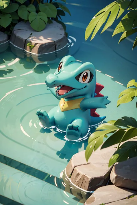 there is a toy dragon in the water near a rock