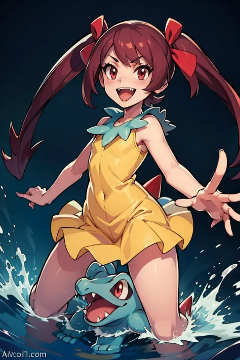 ((masterpiece,best quality)), absurdres, <lora:Totodile_Pokemon_v2:0.8>,  totodile,  smile, open mouth, simple background, red eyes, white background, full body, teeth, tongue, water, pokemon (creature), fangs, watermark, sharp teeth,
1girl and her pokemon, pokemon (creature), pokemon hgss, red ribbon, ribbon, short hair, short twintails, smile, twintails