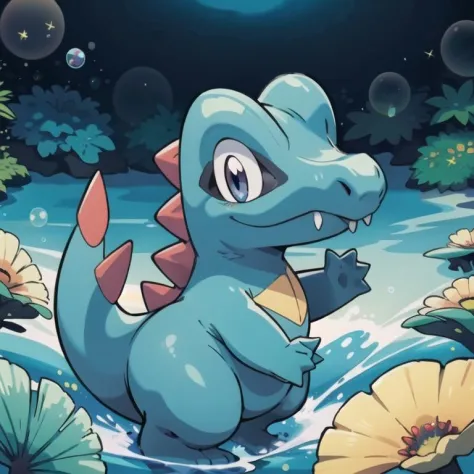 centrado, foto premiada, (mirando al espectador:1.2), |  totodile_Pokémon, |submarino, burbujas, | bokeh, profundidad de campo, composición cinematográfica, | 