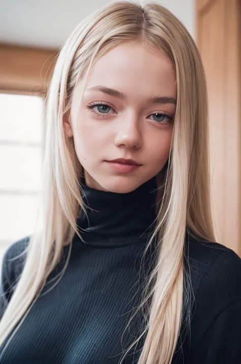 a woman with long blonde hair and a black turtle neck top