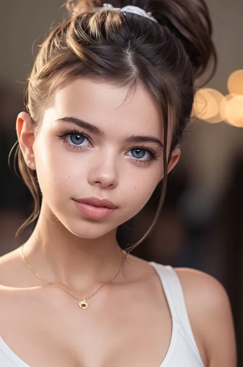 a close up of a woman with a white top and a necklace