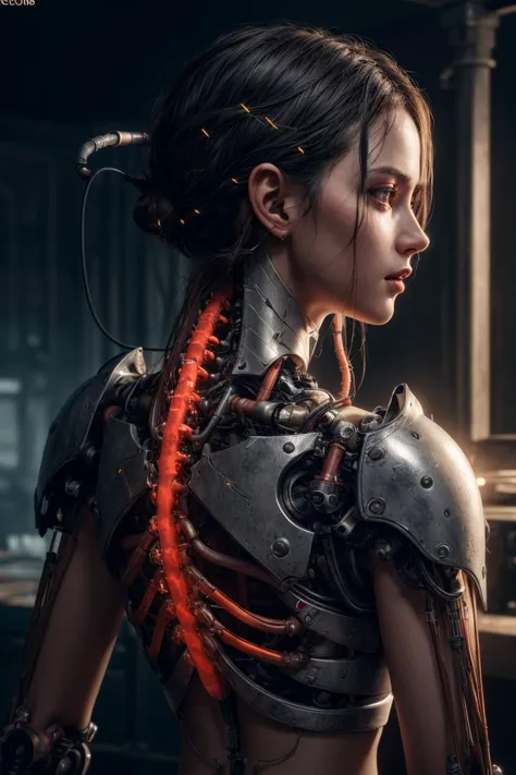 1mechanical girl,((ultra realistic details)), portrait, global illumination, shadows, octane render, 8k, ultra sharp,metal,intricate, ornaments detailed, cold colors, egyptian detail, highly intricate details, realistic light, trending on cgsociety, glowing eyes, facing camera, neon details, machanical limbs,blood vessels connected to tubes,mechanical vertebra attaching to back,mechanical cervial attaching to neck,sitting,wires and cables connecting to head,glowing hair