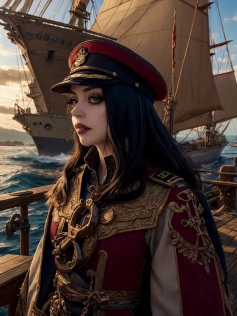 best quality, masterpiece,  jp-GG1-800 1girl, Style-GravityMagic, portrait, solo,  (full body:0.6), looking up, detailed background, detailed face, (WoodIronAI theme:1.1), ship captain, confident, brown  naval uniform, elegant cloak, admiral's cap,   on deck of ship, sails,  rail, anchor,  cliffs on the horizon, sunny, dramatic lighting, strategy, somber atmosphere, 