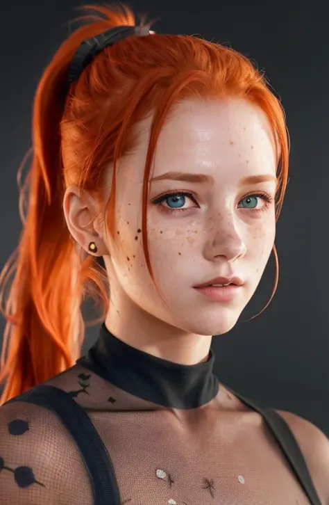 (8k, RAW photo, highest quality),(epic realistic:1.5), a girl, dynamic posture,erotic face,shirt,(detailed eyes:0.8),(looking at the camera:1.4), (highest quality), (best shadow),intricate details,cinematic,((skin:1.4)),interior, (long ponytail ginger hair:1.3),dark studio,(hdr:1.5),detailed, muted colors, freckles