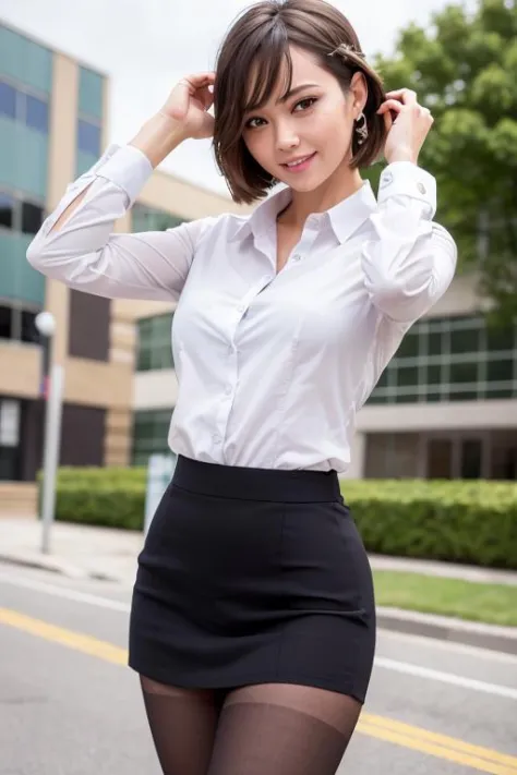 (8k, best quality, masterpiece:1.2), (realistic, photo-realistic:1.37), ultra-detailed, 1 girl, full body, outdoors, (adjusting hair:1.5) office lady, black officeblazer, officeskirt, (pantyhose:1.2), (short buttoneddownshirt:1.2), buttonedupcollarprim, buttoneddowncollarprim, bra, (pantyhose:1.2), alphalayers, highheels, beautiful earrings, cute, solo, beautiful detailed sky, (smile:1.15), (closed mouth), small breasts, beautiful detailed eyes, business attire, (short hair:1.2), floating hair