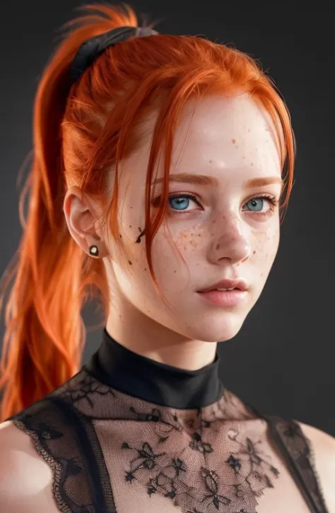 (8k, RAW photo, highest quality),(epic realistic:1.5), a girl, dynamic posture,erotic face,shirt,(detailed eyes:0.8),(looking at the camera:1.4), (highest quality), (best shadow),intricate details,cinematic,((skin:1.4)),interior, (long ponytail ginger hair...