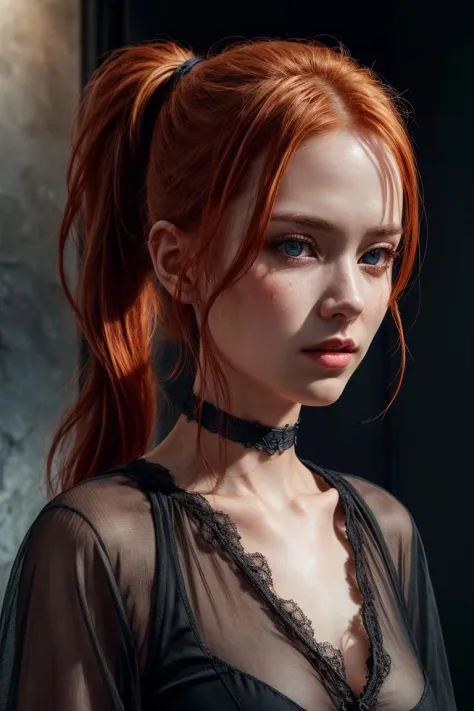 <lora:detailer:1> ,(8k, RAW photo, highest quality),(epic realistic:1.5), a girl, dynamic posture,erotic face,black see-through shirt, choker, (detailed eyes:0.8),(looking at the camera:1.4), (highest quality), (best shadow),intricate details,cinematic,((skin:1.4)),interior, (long ponytail ginger hair:1.3),dark studio,(hdr:1.5),detailed, muted colors, (freckles:0.6)