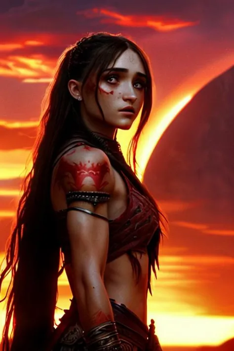 a woman with a sword standing in front of a sunset