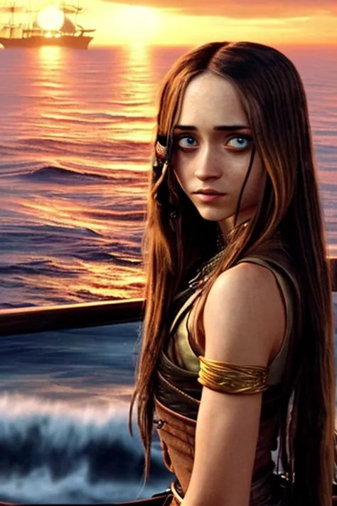 a woman with long hair standing on a boat in the ocean