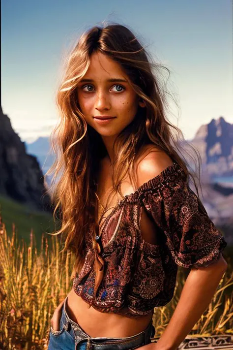 an underexposed film still by albert watson of a french woman with a sweet face and round eyes and Brown Shag hair, Bohemian style, An enticing woman looking like GabiG9_200, poised against a scenic setting, is portrayed in an overexposed film still, featuring apparel by by Hunza G, and twinkling eyes complimenting a playful smile.