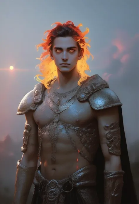 score_9, score_8_up, score_7_up, score_6_up, source_anime, realistic, intricate details, 1boy, young man, ceremonial fantasy attire, polished brass Greek armor, sun rays, flames in hand, dynamic poses, swirling clouds, cape, flowy fiery hair, iridescent, 1r3gl1, trippy, m3y3r  ph4nt0m01l  g0thicPXL, glowing, neon,  c0rb3n