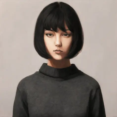 <lora:dopingpong:1>, dopingpong, painting_\(medium\),
masterpiece, best quality, 1girl, solo, black eyes, black hair, black sweater, bob cut, closed mouth, medium hair, simple background