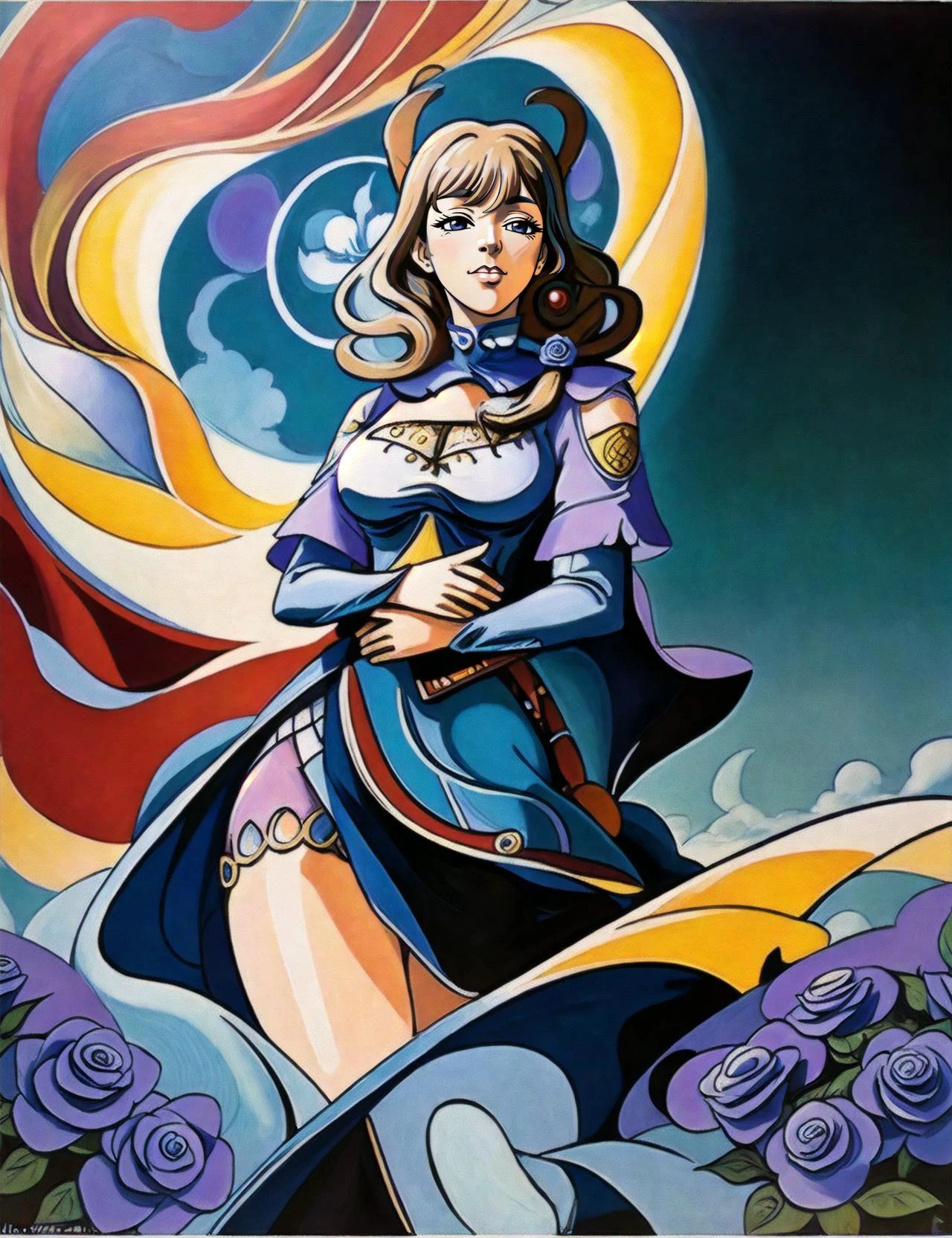 estilo 90, ilustración, estilo retro (por Katsuhiro Otomo), Fantasía oscura (animado:1.2), (ojos grandes:1.1) , manga, sonriente, imáx, complejo detallado, (mejor calidad:1.2), ((animado)) una chica gentil y mágica (Manos abrazando a una criatura mágica.:1.2), Hermoso campo de rosas azules en el fondo, (impacto genshin:1.1), (definición adicional:1.3), (( por Ali Erturk)) 