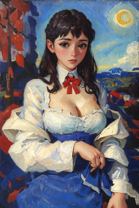 painting of a woman in a blue dress sitting on a red couch