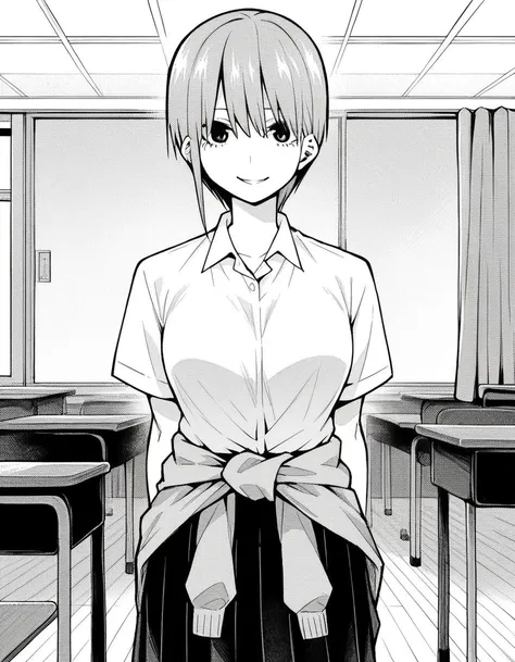 anime girl in a classroom with desks and a window