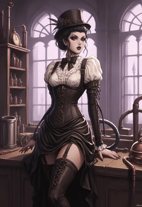 score_9, score_8_up,score_7_up, score_6_up, score_5_up, score_4_up,
BREAK absurd res, detailed, inside, steampunk, cogs, machinery, pipes, steam, clockwork
BREAK 1girl, catgirl, goth, makeup, victorian clothing, corset, skirt, thigh boots, top hat, leaning on desk
<lora:steampunk_ponyXL_v10:0.8> <lora:Caliginous_ponyXL_v10:1.1>