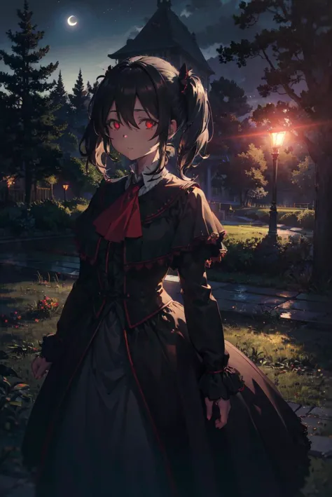 detailed illustration, of a mature woman, facing viewer, pretty face, akua shuzen, short black hair, twin tails, red eyes, capelet, ascot, black dress, long sleeves, looking at viewer, dynamic pose, outside, night sky, moon, dead trees, gothic, cinematic lighting, hires, volumetric lighting, highly detailed background, lights and shadows, backlit, masterpiece, <lora:add_detail:0.5> <lora:hairdetailer:0.5> <lora:akuashuzen-nvwls-v1:0.9>