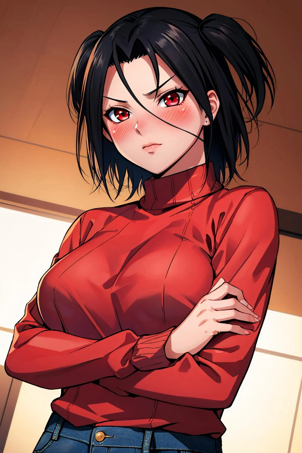 masterpiece, best quality,  akua shuzen, red eyes, pink sweater, jeans, crossed arms, upper body, annoyed, blushing