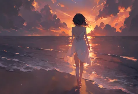 anime girl walking on the beach at sunset