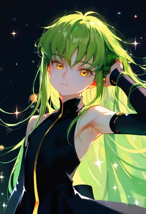 score_9, score_8_up,
1girl, c.c., code geass, armpit crease, bare shoulders, black background, black sleeves, blurry, bokeh, depth of field, detached sleeves, dress, green hair, hand in own hair, head tilt, long hair, long sleeves, looking at viewer, messy hair, skinny, sleeveless, sleeveless dress, solo, sparkle, upper body, yellow eyes