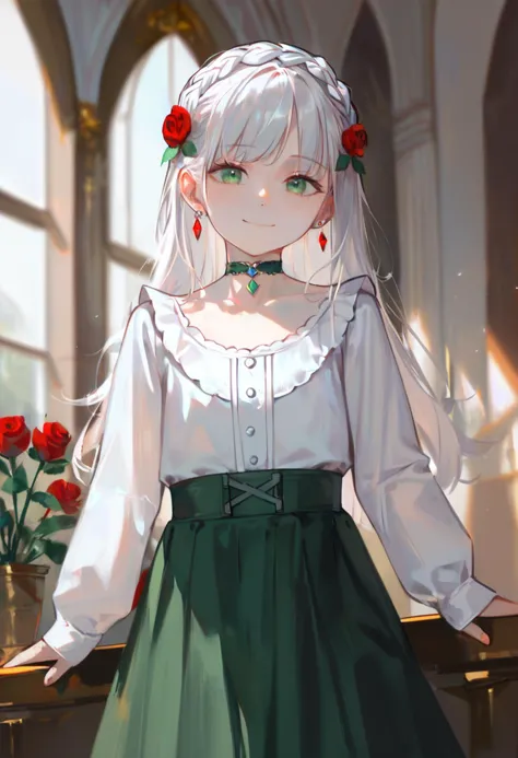 anime girl with white hair and green skirt standing in front of a window