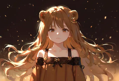 score_9, score_8_up, source_anime,
1girl, solo, dress, long hair, brown dress, lion girl, cute, hair ornament, brown hair, bare shoulders, brown eyes, floating hair, collarbone, closed mouth, blurry, standing, light particles, cinematic, brown theme, chiaroscuro, upper body, looking at viewer,