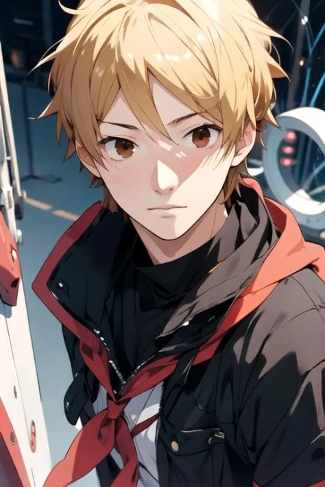 masterpiece, best quality, illustration, 1boy, solo, male focus, looking at viewer, upper body, , anime coloring, , <lora:natsuki_hashiba:0.66>, natsuki_hashiba, blonde hair, brown eyes, , , science fiction horror, HD