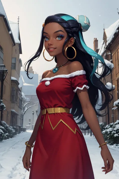 masterpiece, best quality, solo, 1girl, nessaholiday, dark skin, makeup, smile, looking at viewer, standing, single hair bun, fur trim, red dress, short sleeves, hoop earrings, necklace, bracelet, bare shoulders, snowing, outdoors <lora:pokemon_nessa_v2-000009:1>