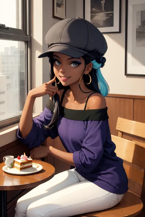 masterpiece, best quality, solo, 1girl, nessacasual, dark skin, makeup, smile, looking at viewer, cabbie hat, purple shirt, off shoulder, white pants, hoop earrings, indoors, cafe, table, cake 