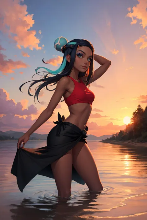 masterpiece, best quality, solo, 1girl, nessaswim, dark skin, makeup, slight smile, looking at viewer, wading, single hair bun, swimsuit, red crop top, sarong, sunset, cloud <lora:pokemon_nessa_v2-000009:1>