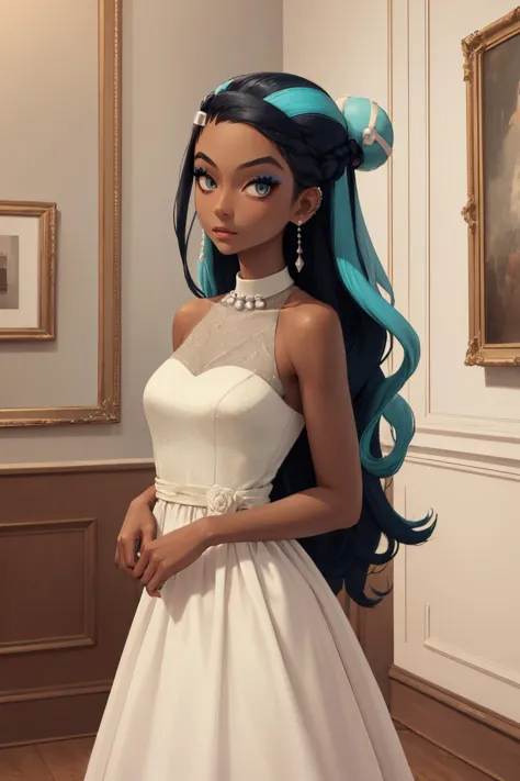 masterpiece, best quality, solo, 1girl, nessadress, dark skin, makeup, expressionless, looking at viewer, standing, single hair bun, white dress, sleeveless, pearl necklace, earrings, indoors, ballroom 